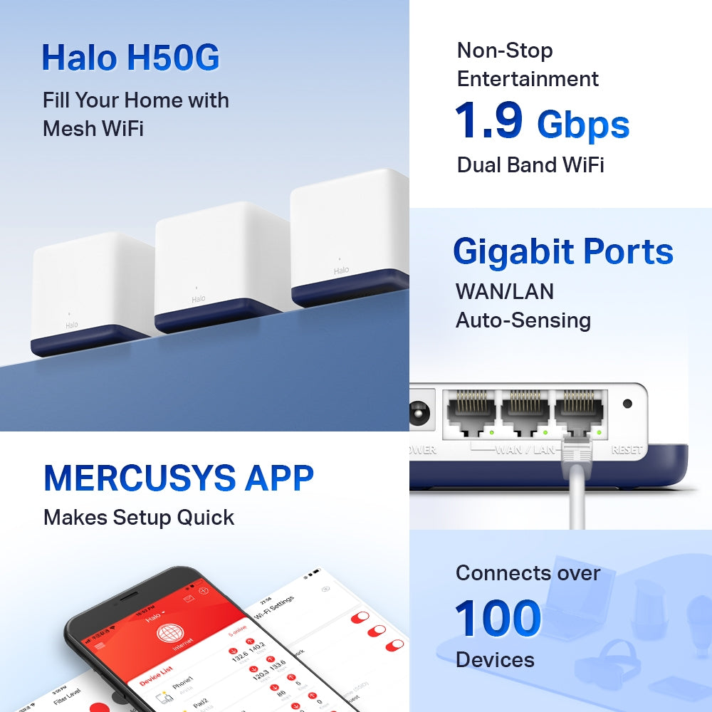 MERCUSYS Halo H50G AC1900 1.9 Gbps Whole Home Mesh Wi-Fi System | Smooth Streaming | 3x Gigabit Ports | MU-MIMO Beamforming MERCUSYS Halo H50G AC1900 1.9 Gbps Whole Home Mesh Wi-Fi System | Smooth Streaming | 3x Gigabit Ports | MU-MIMO Beamforming